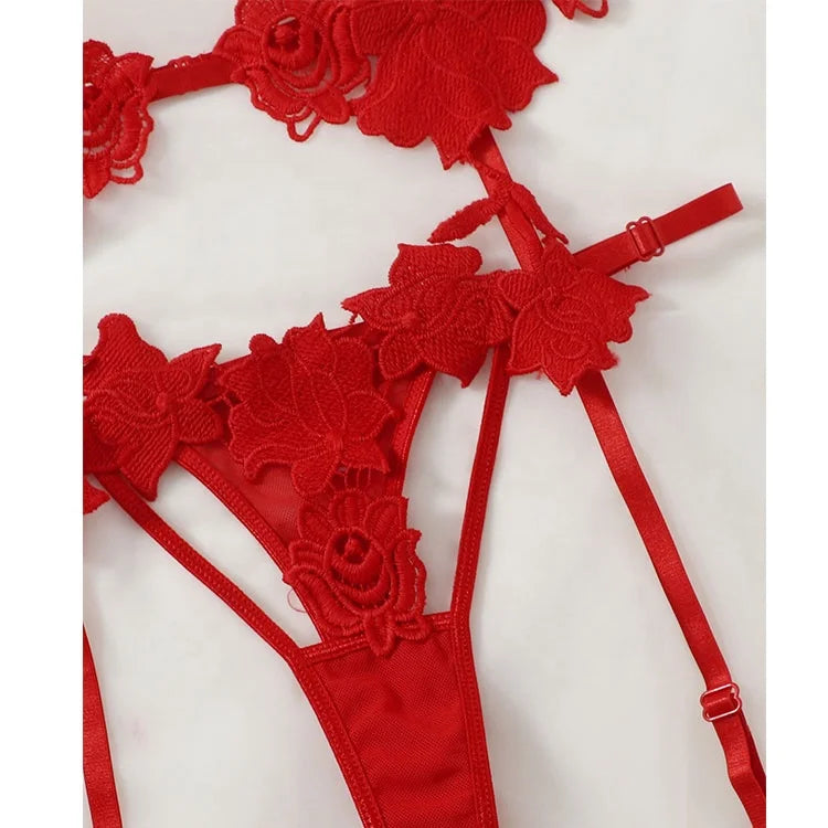 Deeply in love with the 2026 trendy new design women's hot red hollowed-out lingerie set, sexy bra and panties.