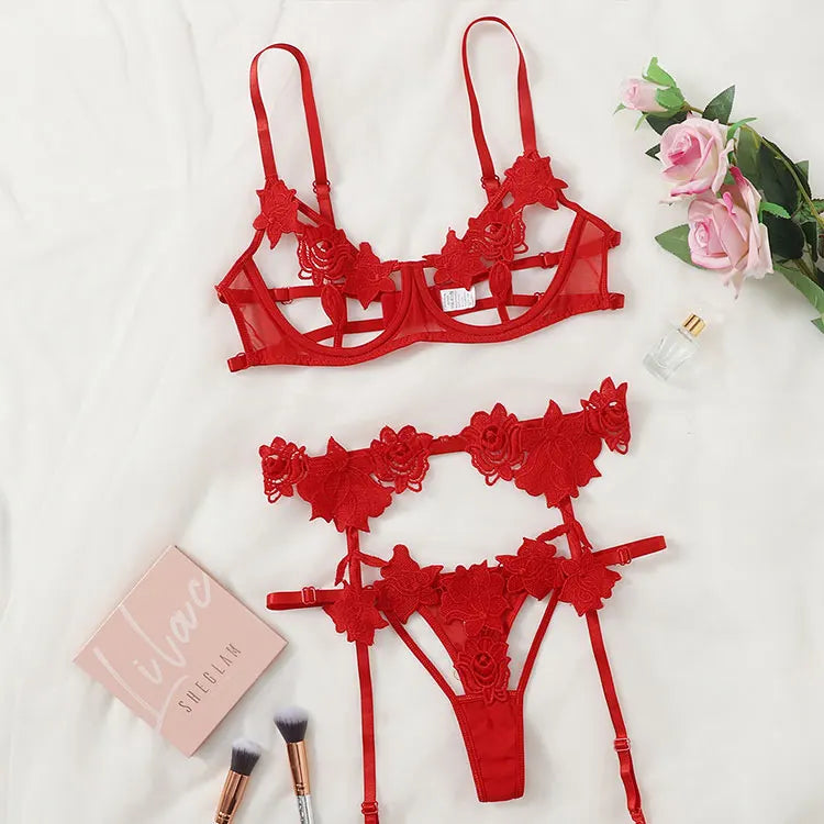 Deeply in love with the 2026 trendy new design women's hot red hollowed-out lingerie set, sexy bra and panties.